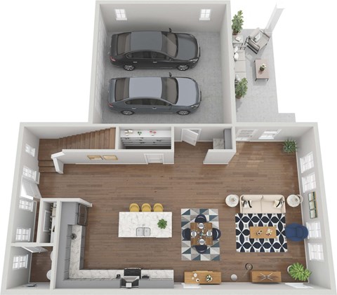 a 3d rendering of a floor plan with a car and a balcony